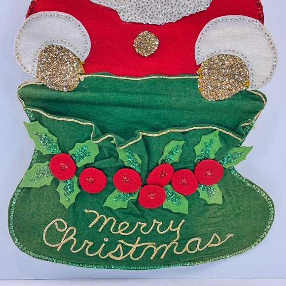 Vintage Handmade Felt Santa Wall Hanging Christmas Card Holder Sequins 23" Retro - Picture 3 of 12